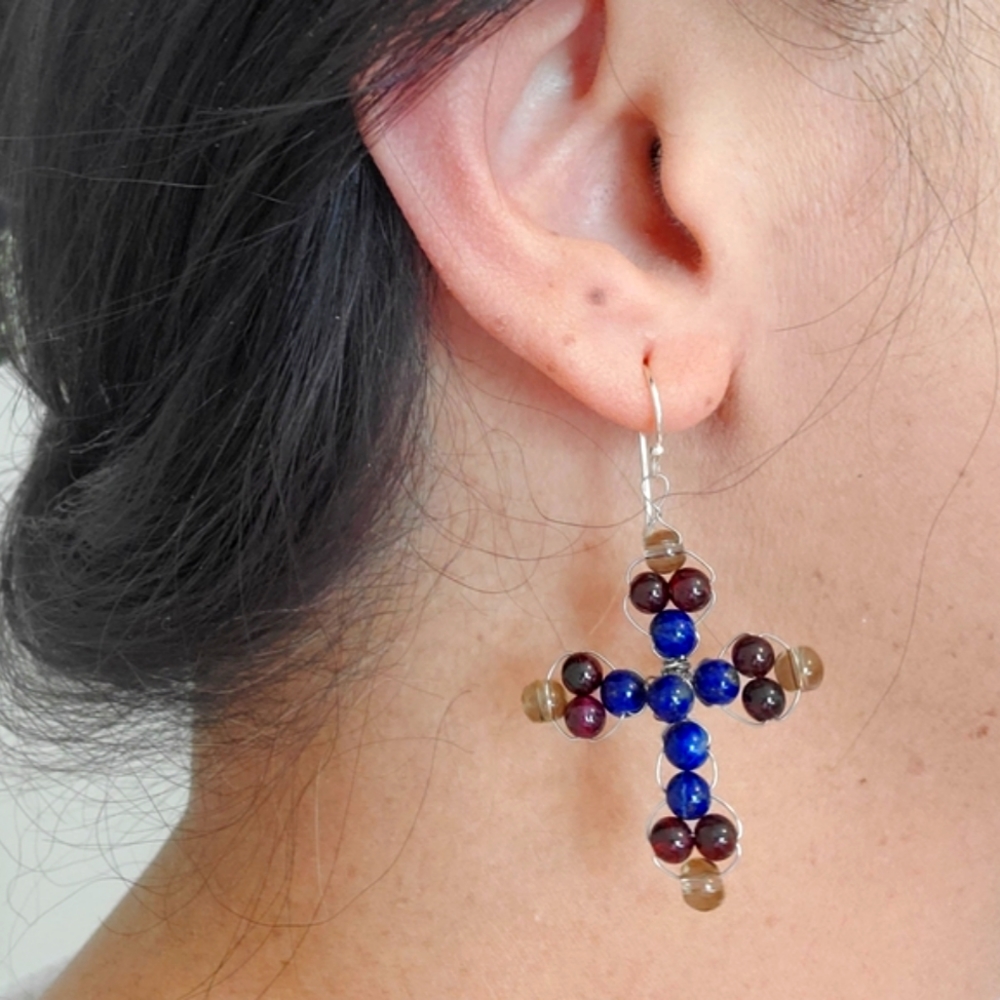 E-21 NEW 925 Precious Cross Gemstone Earrings - Picture 5 of 5